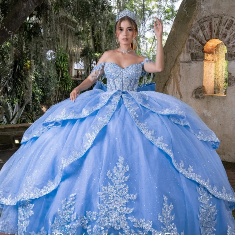 

Sky Blue Shiny Quinceanera Dresses Ball Gown Off The Shoulder Applique Lace Beading Crystal Bow Tull Party Birthday Sweet 16