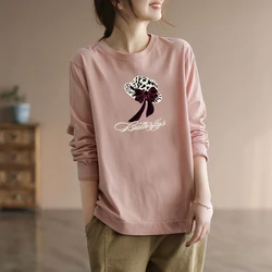 Loose Long Sleeved Base Shirt for Early Autumn Thin Plus Size Pink Stylish Pure Cotton Women's Top with Inner Lining