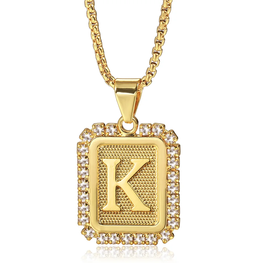 26 Letters Necklace Crystal Rhinestone Square Pendant Box Chain for Women Men A - Z Initia Name Jewelry Gift Wholesale GP441B