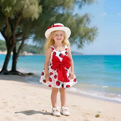 Summer Girls New Sling Dress Sweet Strawberry Big Bow Cotton Cloth Skirt Comes with Hat Suitable for 0-3 Year Old Babies