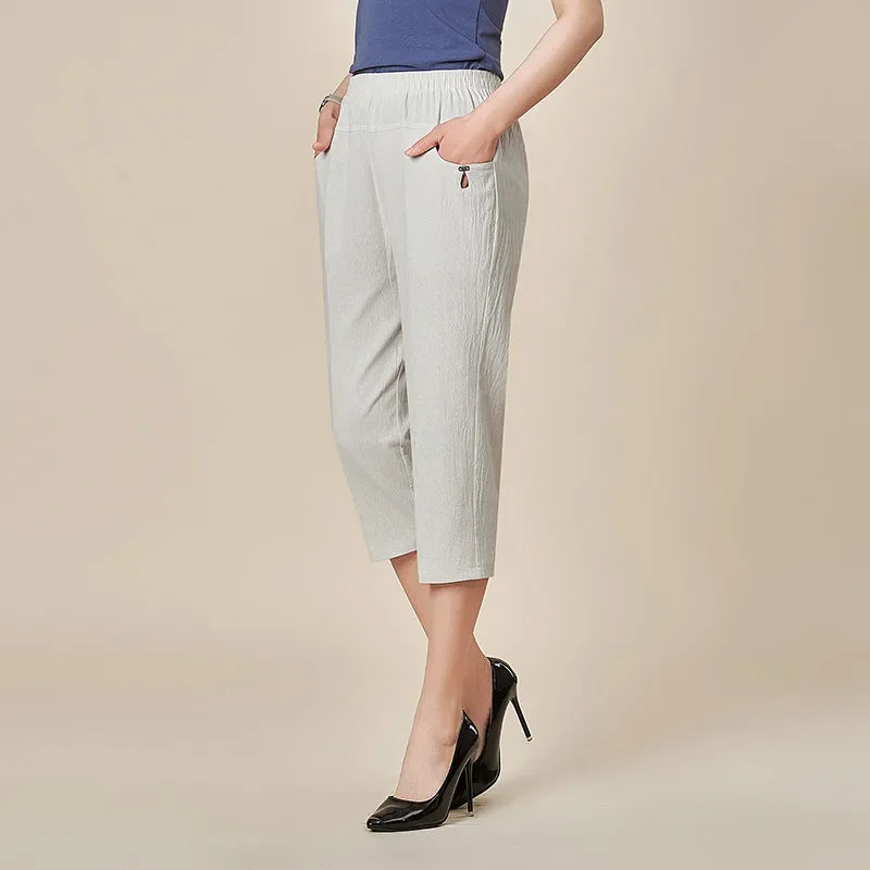 

Women's Elderly Summer Pure Cotton High Waist Cropped Pants Loose Straight Capri Trousers Daily Casual Wear