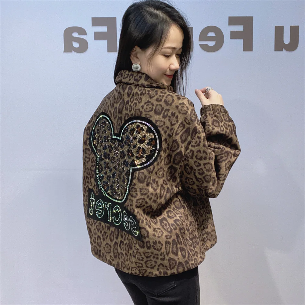 2025 Winter Cartoon Leopard Print Long Sleeve Jackets Coat For Woman Casual Zipper Oversized Tops Y2k Clothes Vestidos Outwears