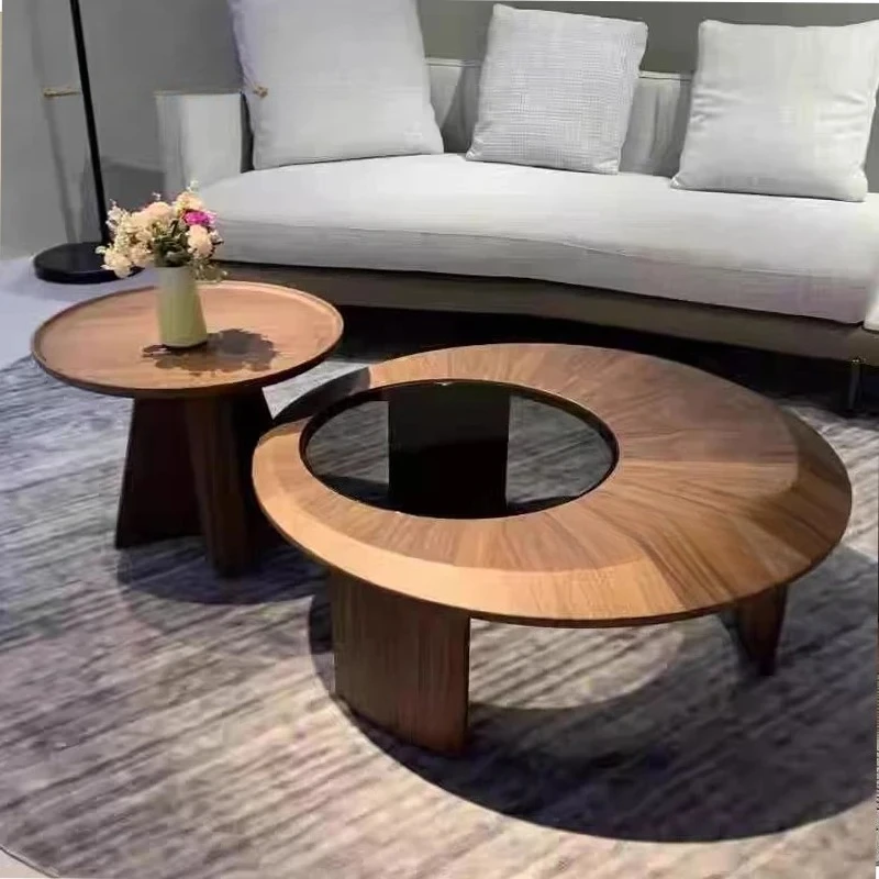 

Vintage Solid Wood Frame And Glass Coffee Tables For The Living Room With a Unique Two Circular Glass Design Modern Coffee Table