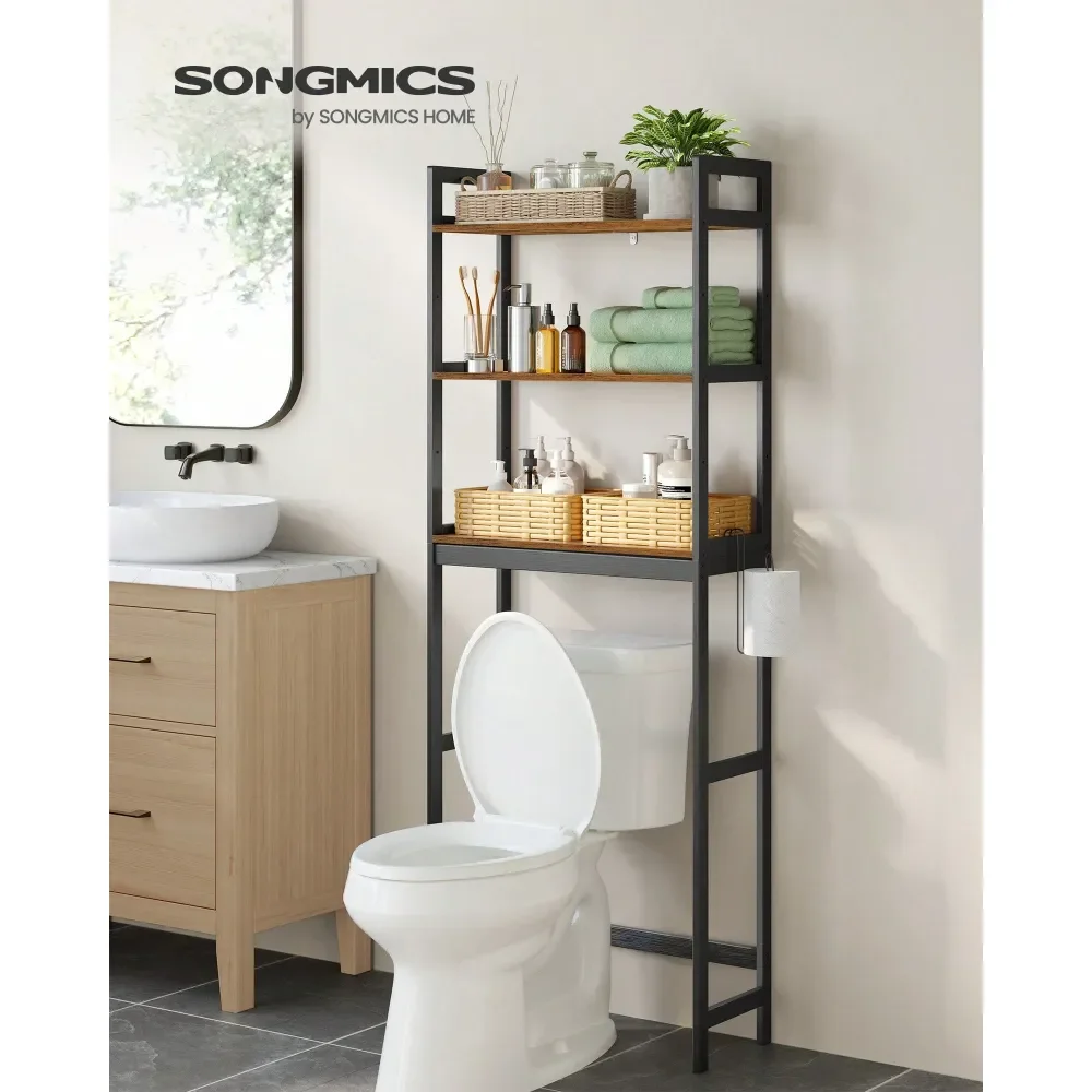 

Стеллаж для хранения над унитазом, 3-ярусный органайзер для ванной комнаты над унитазом с регулируемыми полками, крючками, бамбуковый, отдельно стоящий, экономит пространство