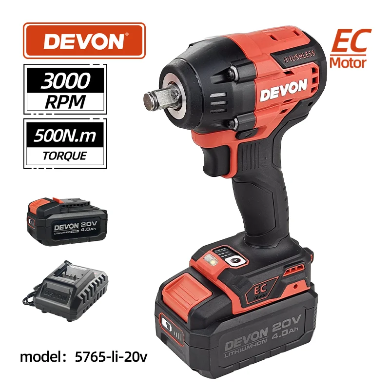 Devon 5765-Li-20V 500N.m 12.7MM Torque Brushless Electric Impact Wrench Household DIY Lithium-Ion Cordless Power Tools