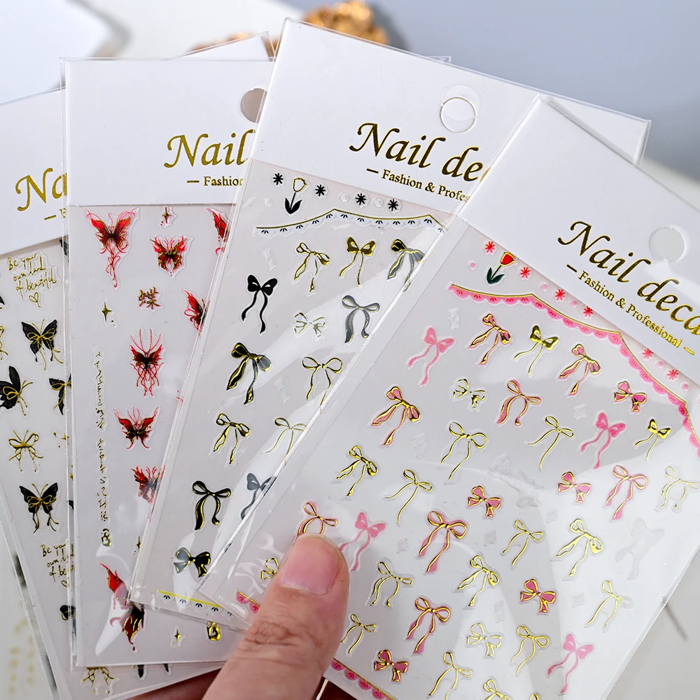 6Pcs Bronzing Butterfly Bowknot Nail Sticker Glossy Pink Red Ribbon Bow Nail Decal 3D Sweet Cool Butterfly Bowknot Nail Sliders