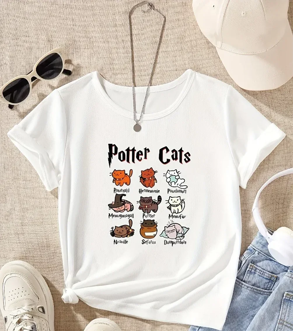 

White Clothes Casual Potter Cat Printed T-shirts Fashion Crew Neck Short Sleeve Top women clothes tops