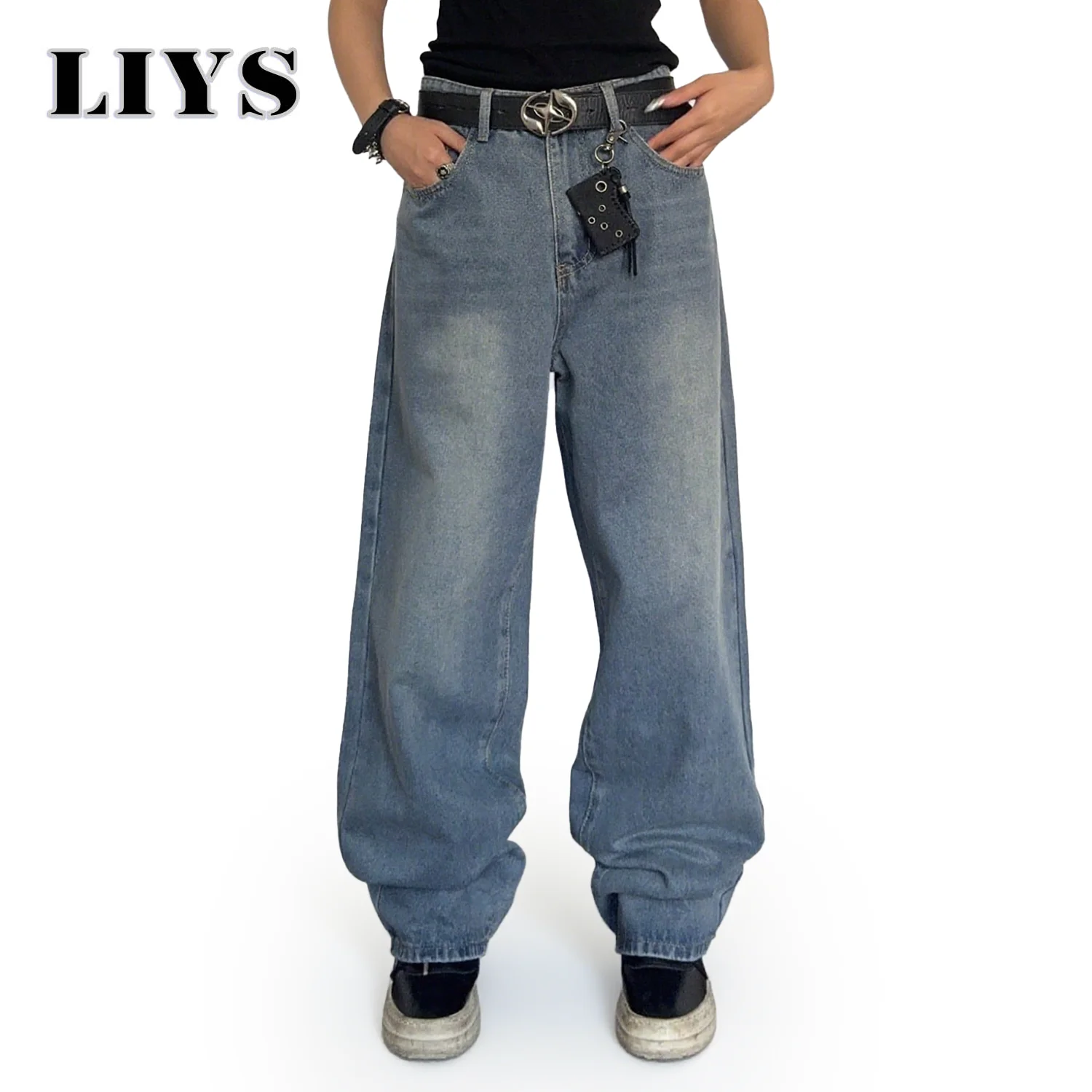 

Men Denim Pants Old Blue Washed Male Jeans Straight Casual Menwear Loose Wide Leg Trousers New Fashion Korean High Street Denim