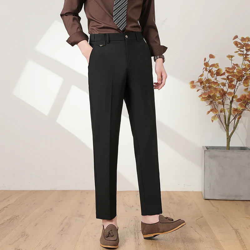 

British Style Men's Pants High Quality Plain Color Stretchable Waist Men Suit Pants Slim Fit Casual Business Formal Wear 38 36