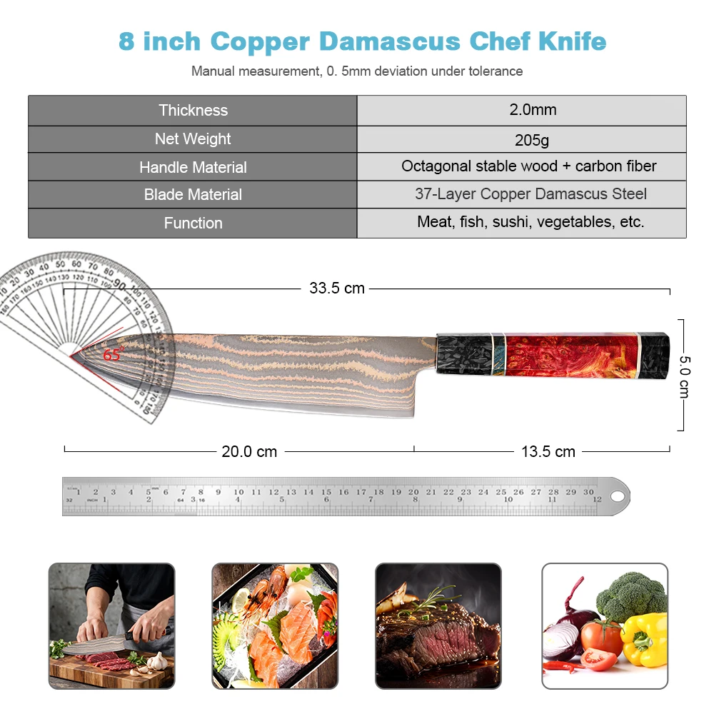 XITUO Premium 8 inch Chef Knife,Rainbow Copper Damascus Steel, Super sharp Japanese Kitchen Knife,Octagonal Stable Wooden Handle