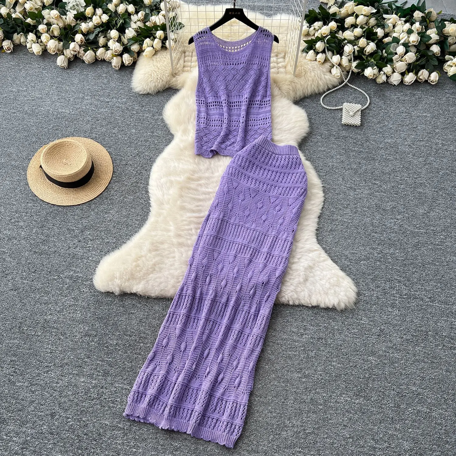 

Korean Wear Women's Summer Casual Two-piece Set Hollow Sleeveless Knitted Top High Waist Hip Skirt