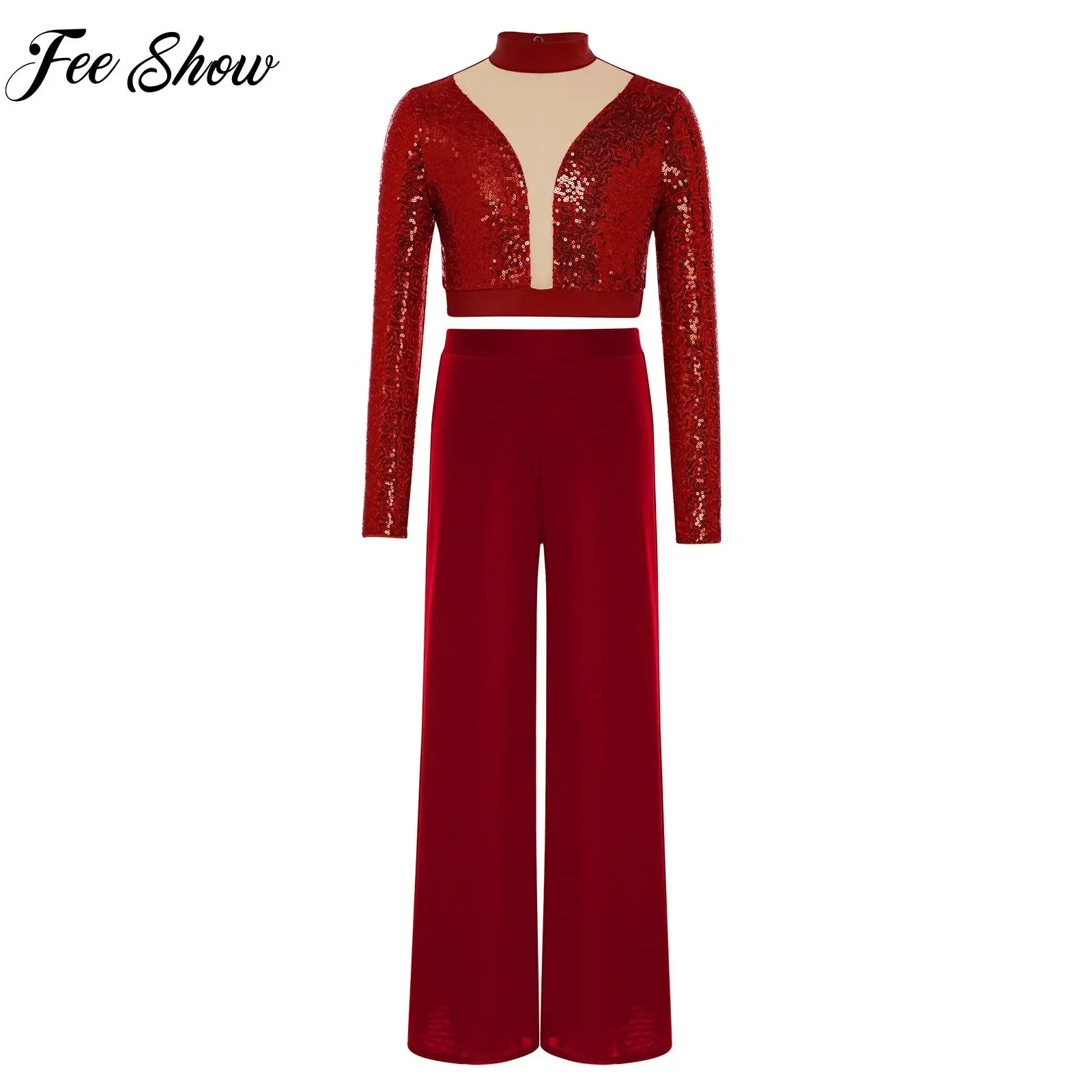 Girls Sequins Lyrical Dance Set Kids Ballet Modern Performance Competition Dancewear Long Sleeve Cutout Back Crop Top with Pants