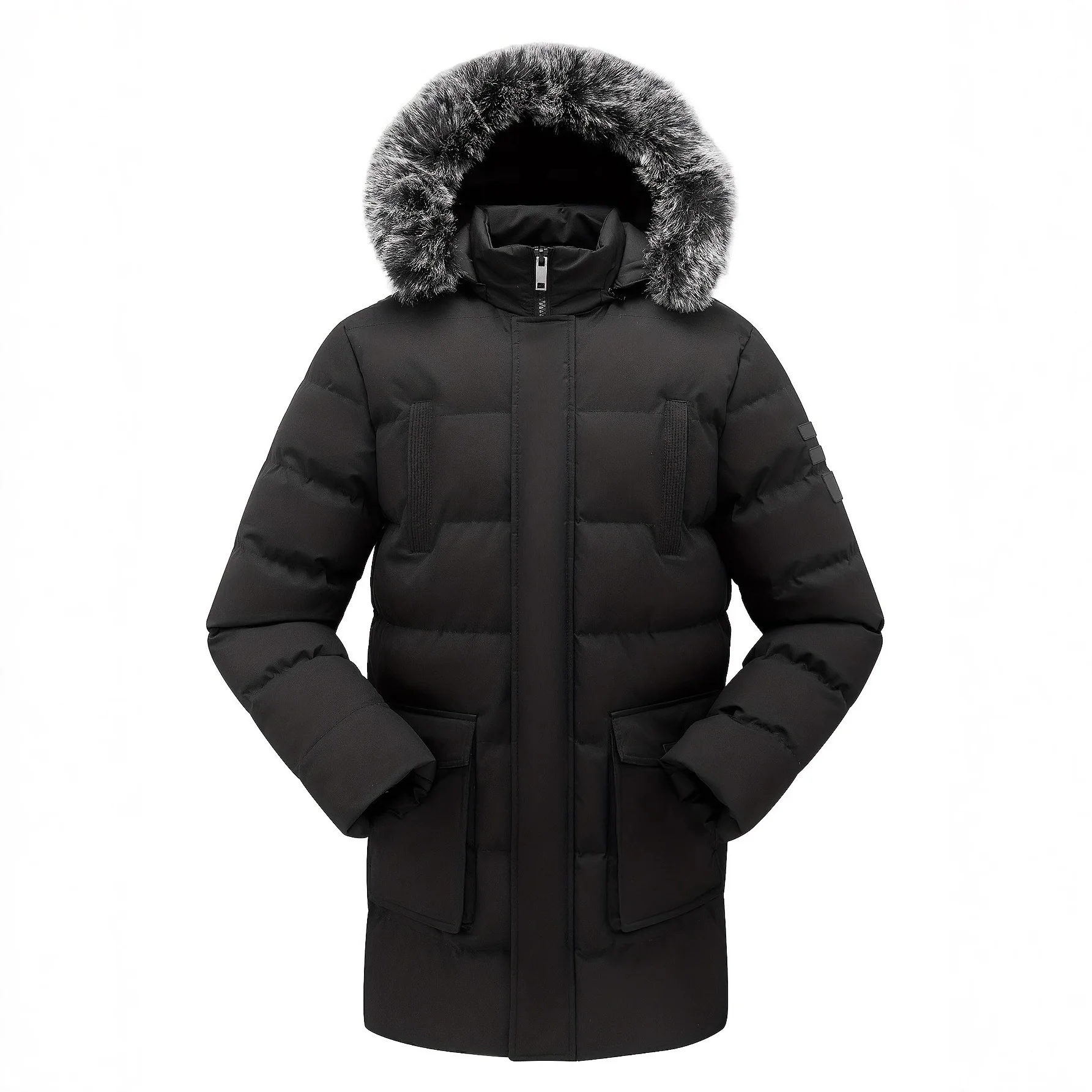 Men Jacket Winter Thicken Cold-proof Pocket Male Down Coat Simple Long Sleeve Pocket Mid Length Detachable Hooded Man Outerwear