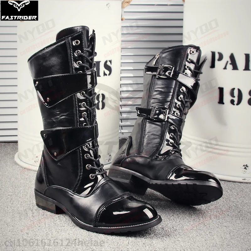 

Men's Trendy British Style Leather High Boots, Personalized Lace-up Pointed Toe Motorcycle Boots, Fashion Motocross Rider Boots