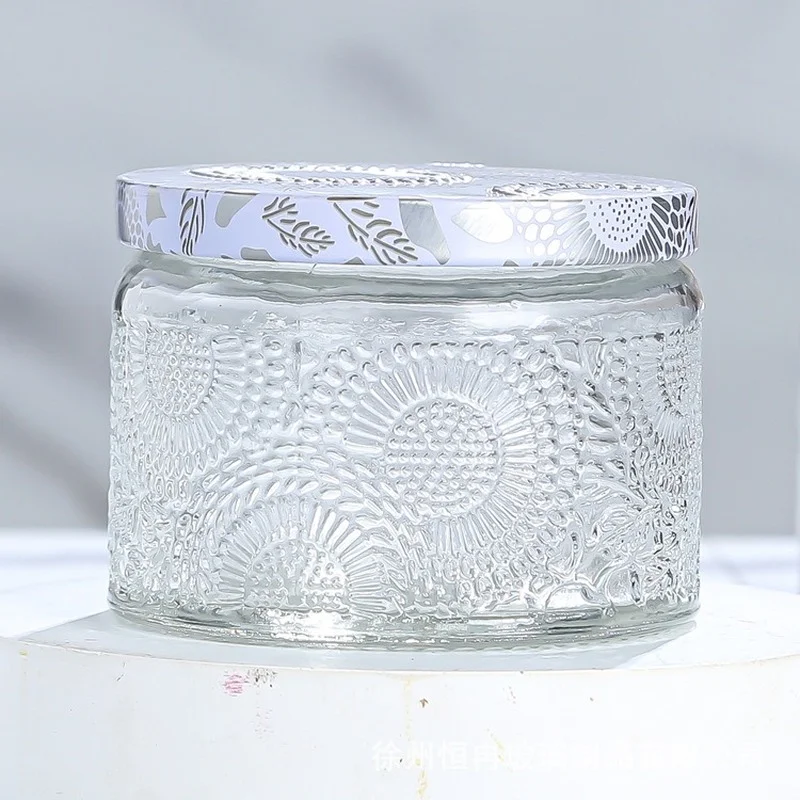 Nordic Household Embossed Glass Jar Candle Aromatherapy Storage Jar with Lid Storage Box Glass Handicraft Aromatherapy Bottle