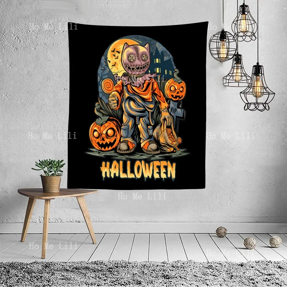 Unique Halloween Pumpkin Graveyard Witch Riding A Magic Broomstick Tapestry For Livingroom Decor