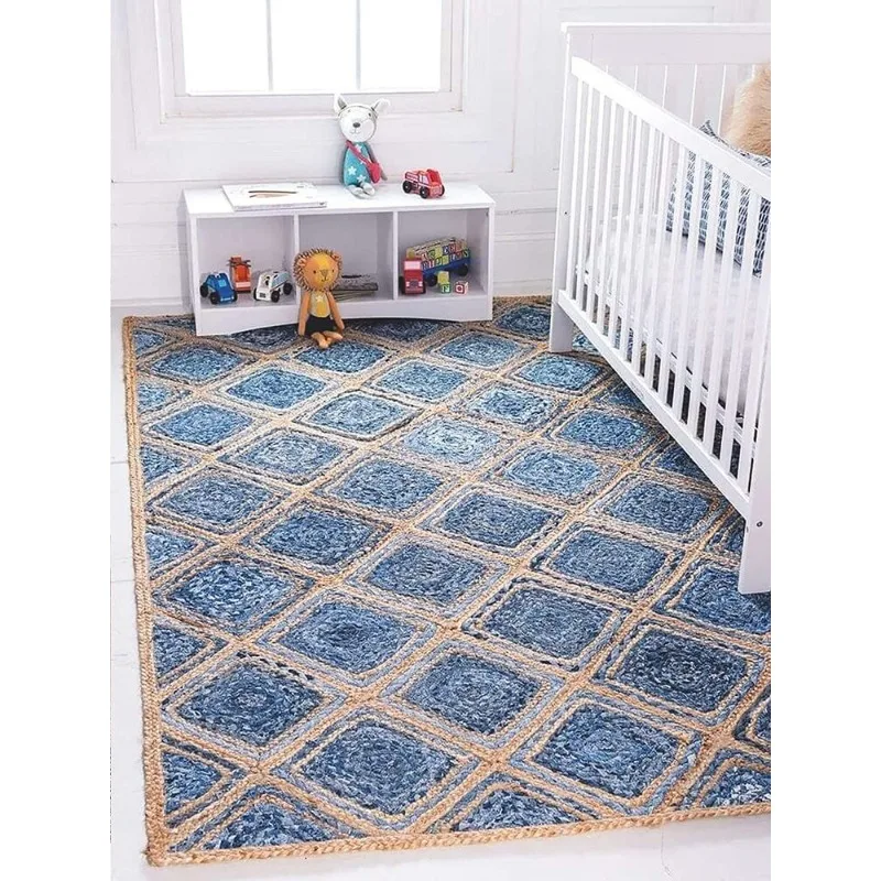 Rug Denim Jute Natural Hand Braided Farmhouse Area Rug Rustic Look Rugs