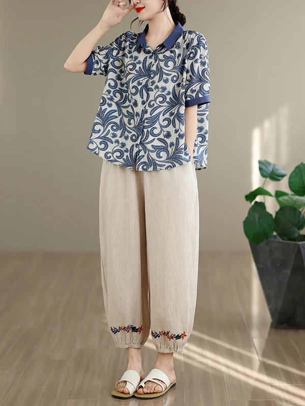 

Artistic Vintage Cotton Linen Set Summer Korean Style plus Size Slimming Print Shirt Casual Pants Two Piece Set Women's Fashion