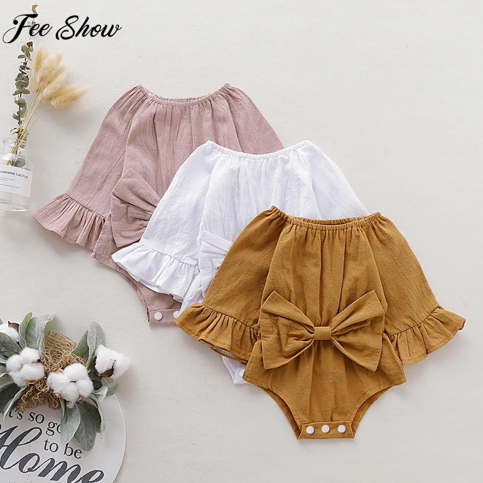 

Infant Girls Long Sleeve Bowknot Romper Baptism Costume Round Neck Ruffle Cuffs Solid Color Bodysuit for Birthday Party Wedding