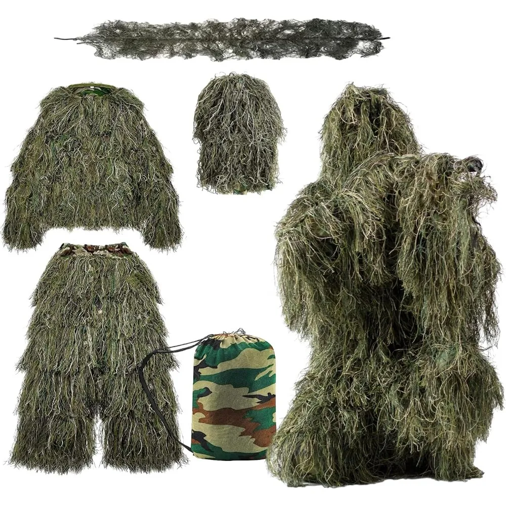 Ghillie Suit,3D Camouflage Hunting Apparel for Men,Jacket, Pants,Hood,Adult and Kids ghillie set,Halloween Costumes