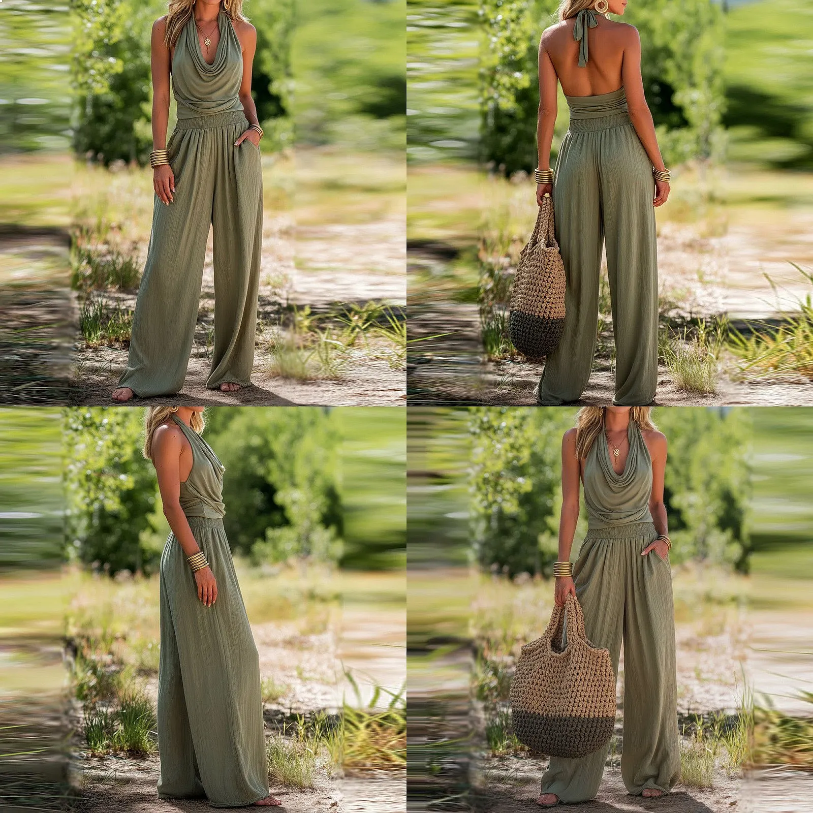 

Pure Color Halter Backless Jumpsuit Overall Playsuit Spring Summer