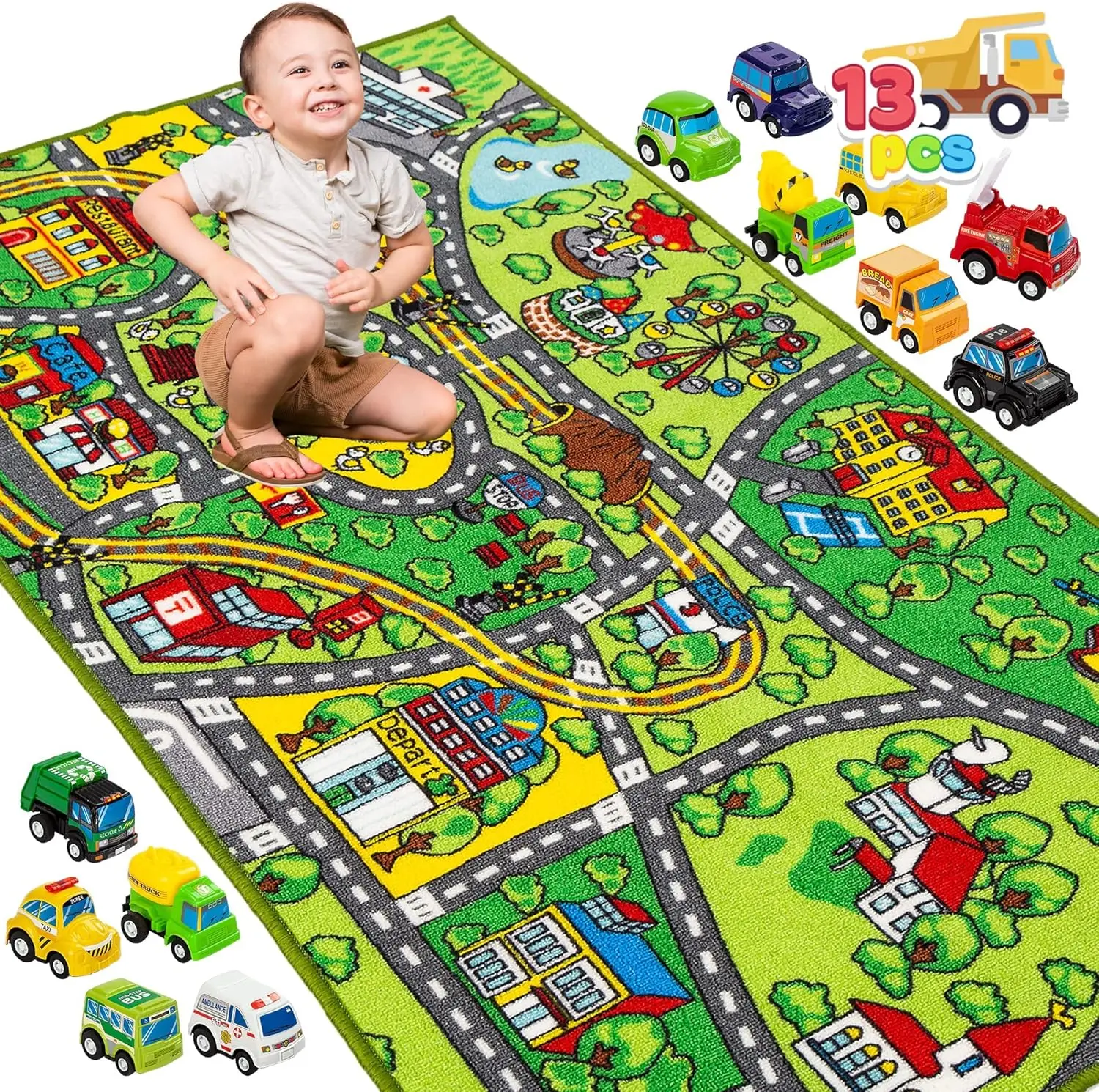 JOYFY Tappetino da gioco con 12 auto Set di veicoli pull-back per bambini dai 3 anni in su Tappeto da gioco Jumbo City Fai finta di giocare a più colori
