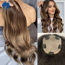 Topper de Base de seda para mujer, cabello humano virgen, Color Balayage europeo, tupé superior de seda, amatista ondulada, 5 