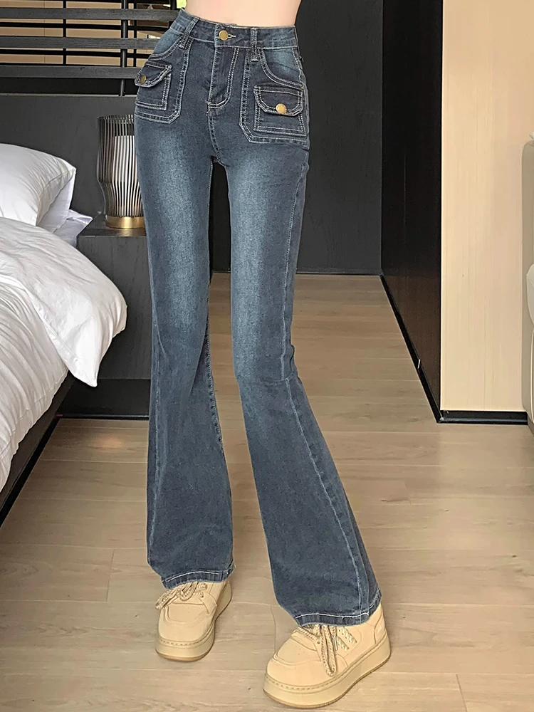 Woman High Waist Oversized Slim Fit Flare Jeans Lady Vintage Y2k Denim Bell Bottom Pants Girls Streetwear Blue Boot Cut Trousers