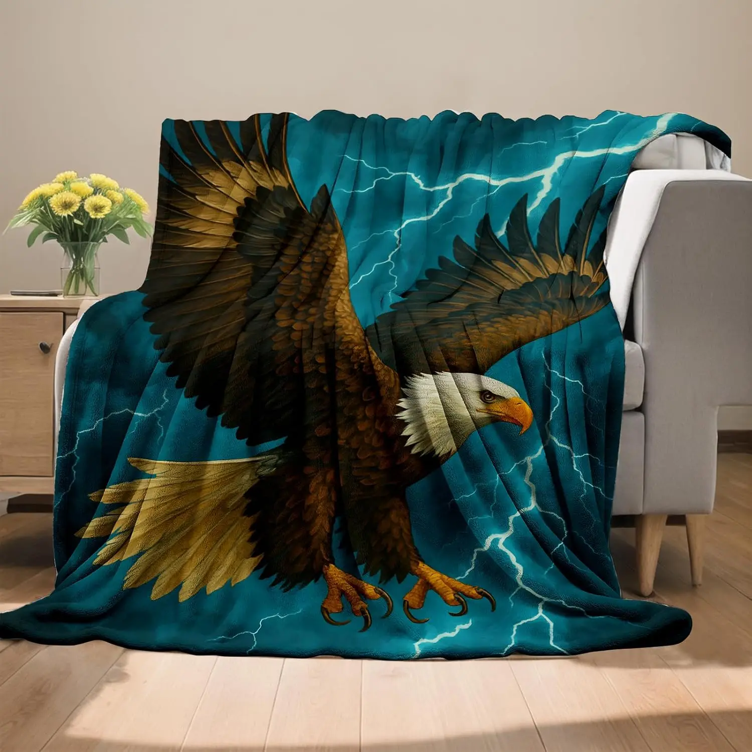 Powerful Bald Eagle Open Wing Thunderstorm Sky Art Flannel Throw Blanket Soft Warm Cover Couch Rustic Wildlife Themed Bedroom