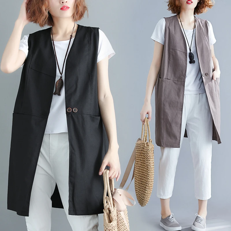 

Spring Summer New Sle Artistic Loose Slimming Svel V-Ne Vest Women's Medium Length Cotton Linen Vest Cardigan