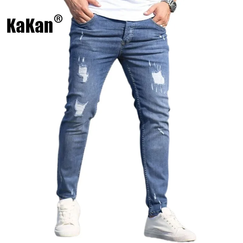 Kakan - New Men's Perforated Small Leg Jeans, Y2k Clothing Tight Fitting Trendy Blue Long Jeans Summer Denim Pants