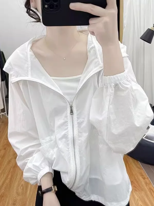 

Korean Sle Lightweight Hooded Women's Summer New Faion Breathable All-Match Sun Protection Outerwear Long Sve Zipper