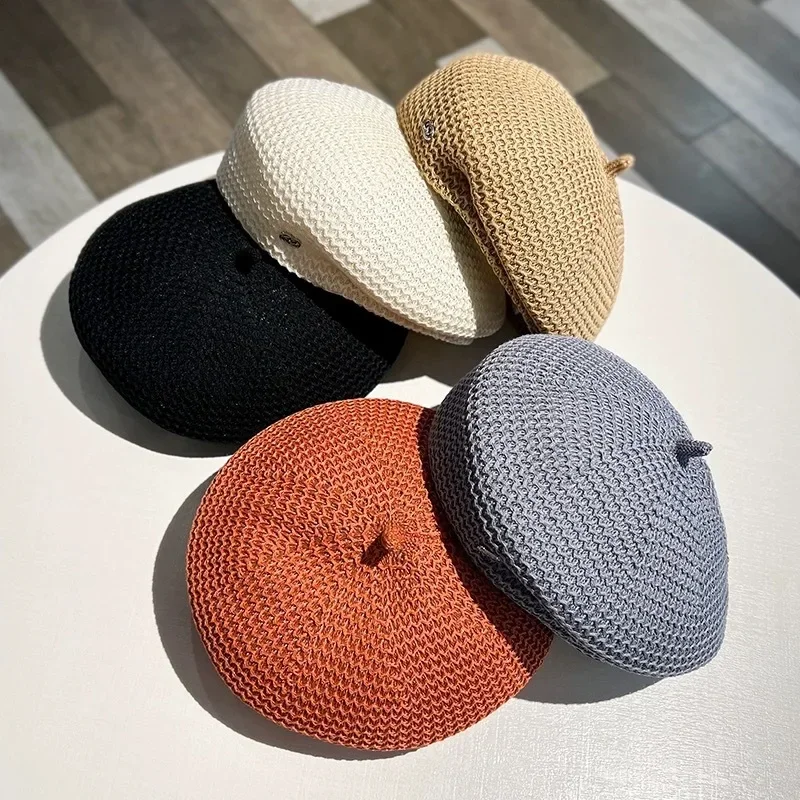 Women Fixed Pleated Paper Straw Beret Summer Milk Silk Knit Breathable Big Artist Fashion Painter Hat