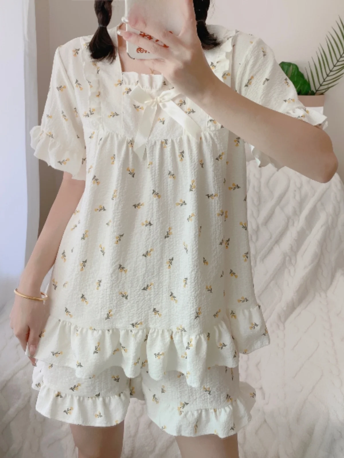 

Милый кружевной комплект одежды, женские летние брюки ort Sve ort, корейская милая студенческая домашняя одежда из смеси хлопка и полиэстера