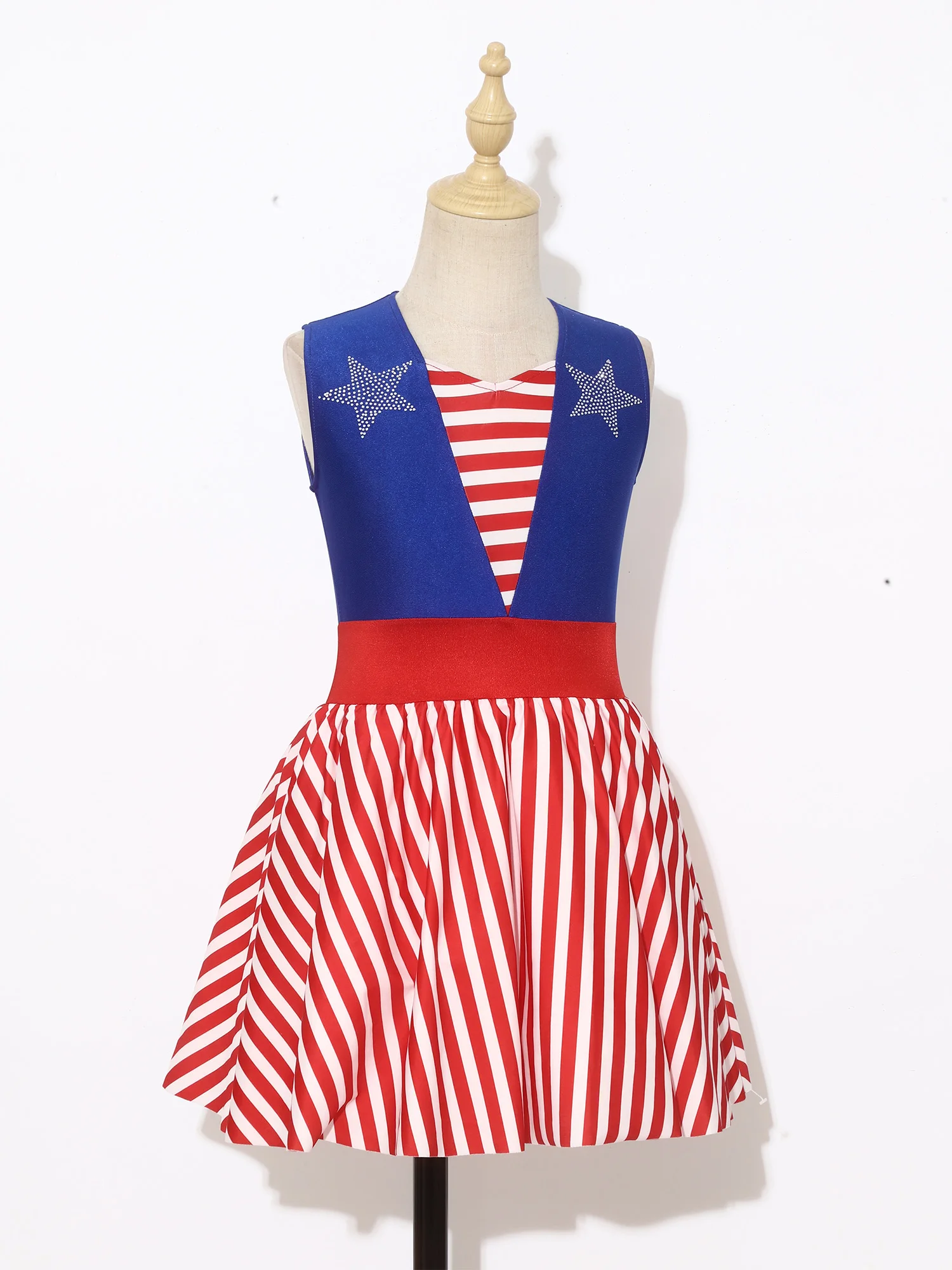 

Girls 4th of July Patriotic Tutu Dress Rhinestone Stars Striped USA Flag Bow Headband Sparkly for Independence Day Concert