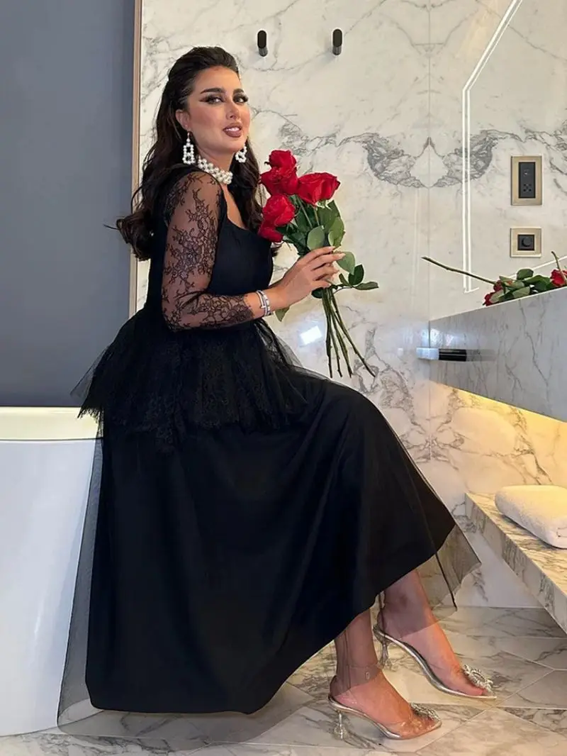 Luxury Black Lace Women Prom Gowns Sexy Square Neck Layers Party Dresses Fashion Long Sleeves Ball Gown Female Vestidos Robes