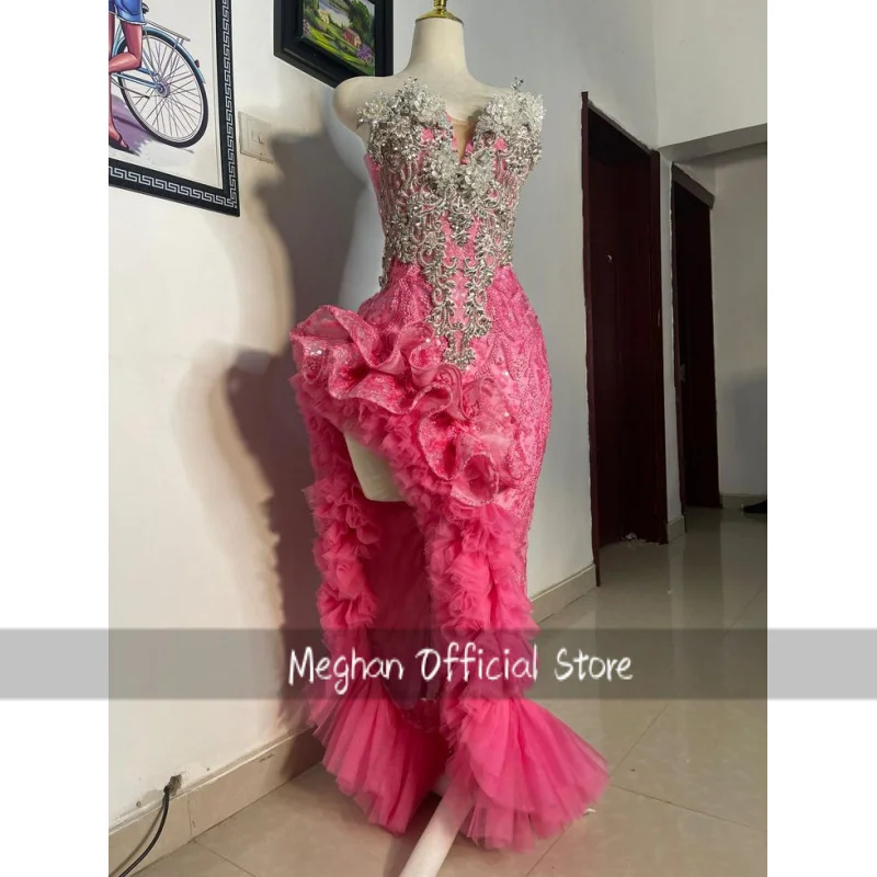 Custom Gorgeous Dreamy Pink Evening Gown Embroidered Strapless Beaded Prom Dress Engagement Dress School Prom Dress