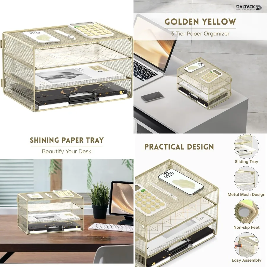 

3 Tier Letter Tray Paper Organizer with Mesh Metal Design for Efficient Home and Office Desk Storage Golden Yellow Color Space-