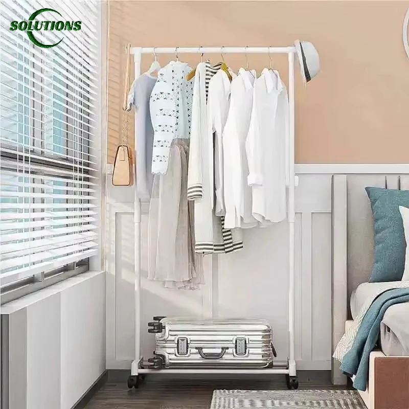 Clothes Rack Floor Standing Double Rod Double-Rod Multifunctional Telescopic Coat Rack With Wheels For Clothes Hats And Shoe