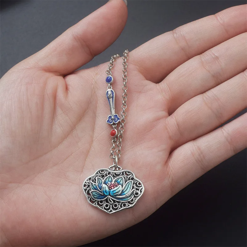 Blue Lotus Pendant, Female Dropping Glue Craftsmanship Pendant, Ruyi Necklace, Retro Vintage Antique Ethnic Style Jewelry