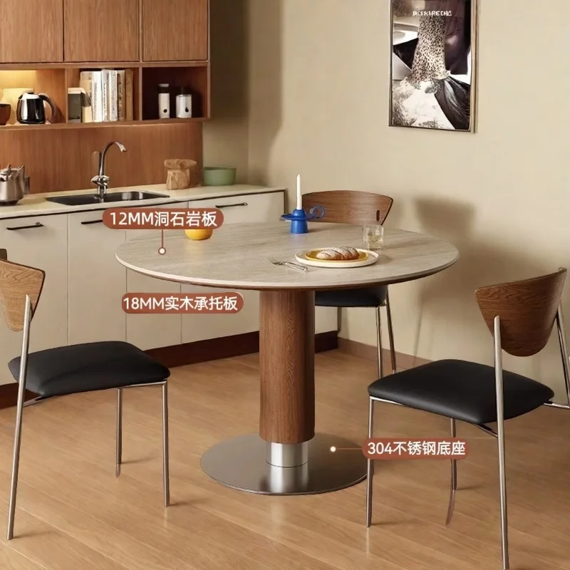 Solid wood sintered stone travertine small apartments stainless steel white wax wood rice round table