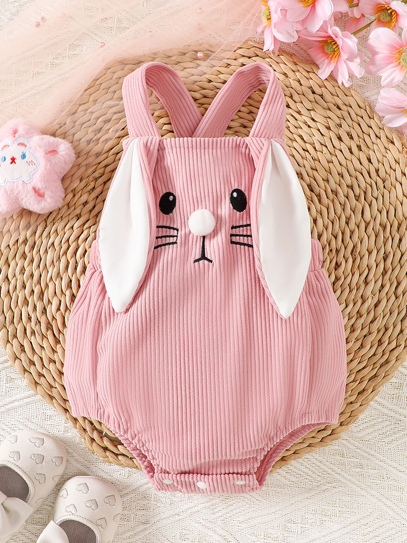 Cute Bunny Romper for Baby Girls, Soft Pink Pom-Pom Nose, Hand-Painted Embroidered Features, Newborn Easter Photo Shoot Outfit