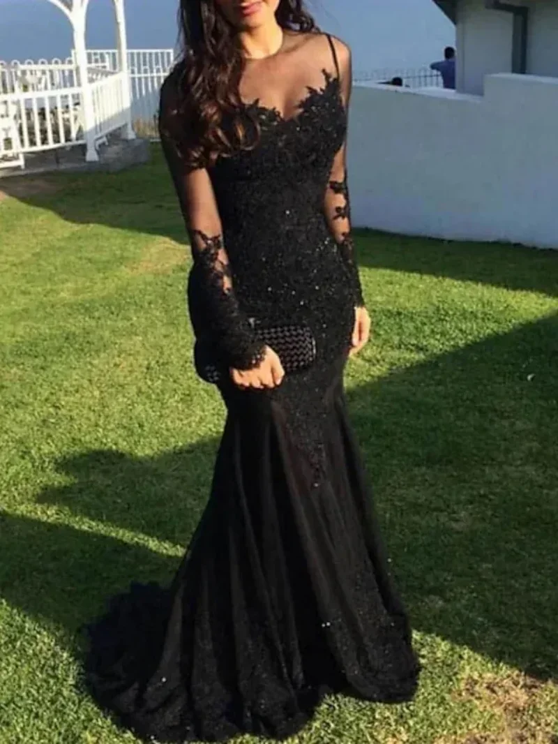 Charming Black Mermaid Sequin Lace Evening Dress Round Neck Long Sleeve with Appliques Satin Porm Dress vestidos de noche