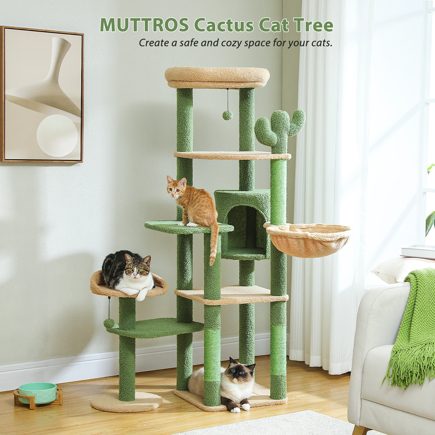 

Multi-Level Cactus Cat Tree with Condo Hammock Scratching Post for Kitten Bed Cat Scrapers Large Cat Tower Cat Toys Cat Supplies