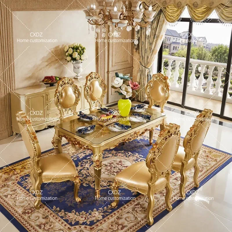 European Solid Wood Carved Floral Rectangular Dining Table and Chair Set with Tempered Glass Top Champagne Gold Finish for