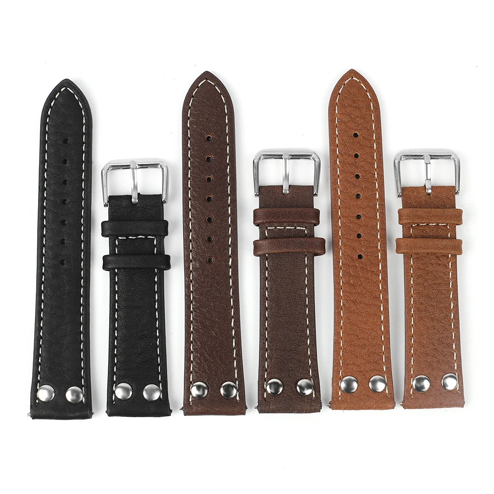 Lychee Pattern Watch Band 18mm 20mm 22mm 24mm Genuine Leather Rivets Watchband Black Coffee Brown Wrist Strap Belt Replacement