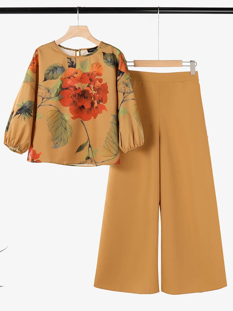 ZANZEA Spring 2pcs Outfits Women Pant Sets 3/4 Sleeve Floral Printed Blouse Loose Trousers Suits Elegant Work Tracksuit Oversize