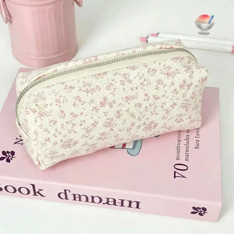 Cute Canvas Pencil Case With Floral Print Large Storage Capacity Perfect For Students School Office Stationery Organization