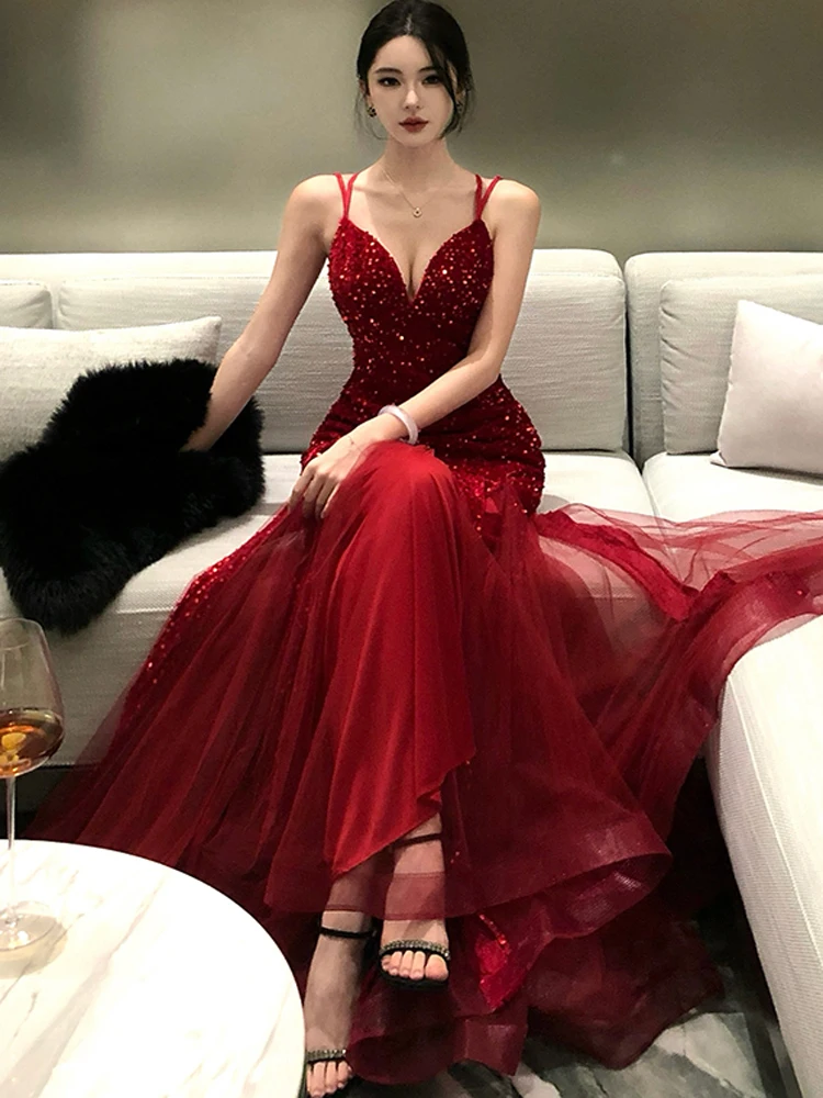 Sexy Backless Spaghetti Straps Red Evening Dress Elegant Deep V-Neck High Waist Luxury Shiny Sequins Party Female Tulle Dresses