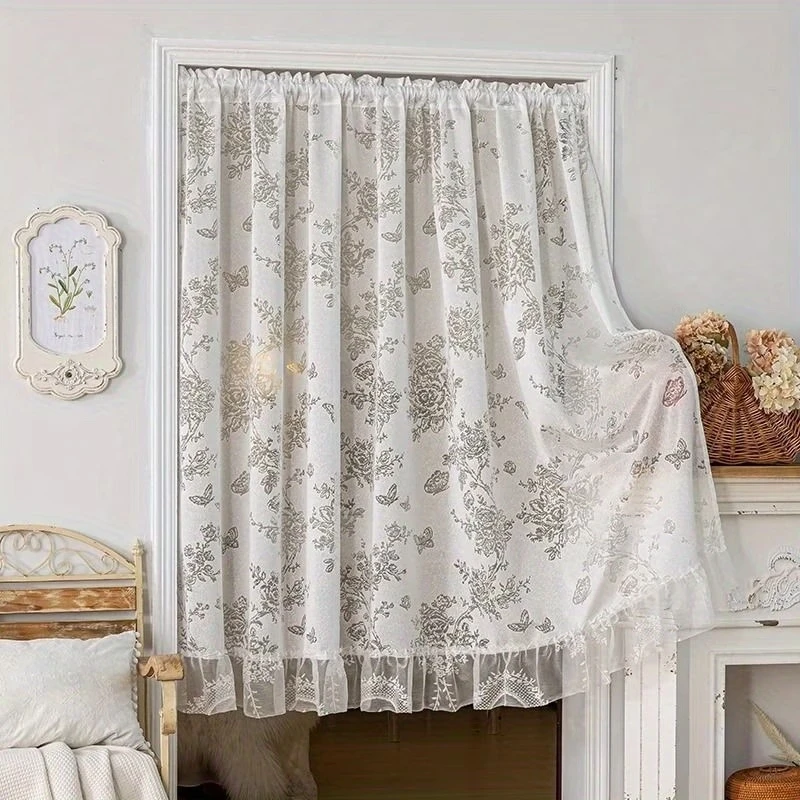 1 PC French Breathable Embroidered Curtains,Top Valance Adjustable Height Curtains For Small Windows In Living Rooms And Bedroom